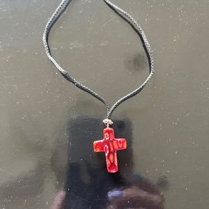 Vintage red glass Cross necklace on black leather string